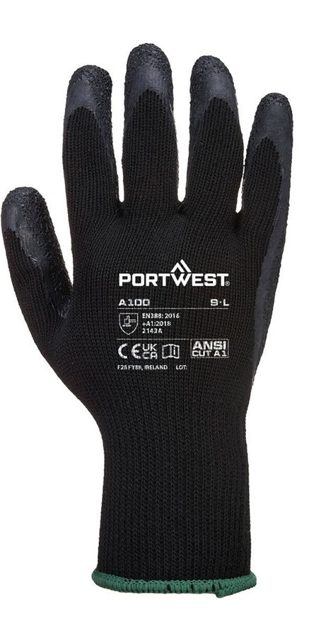 Portwest A100 Latex Grip Glove Black (10pk) (PW-A100B