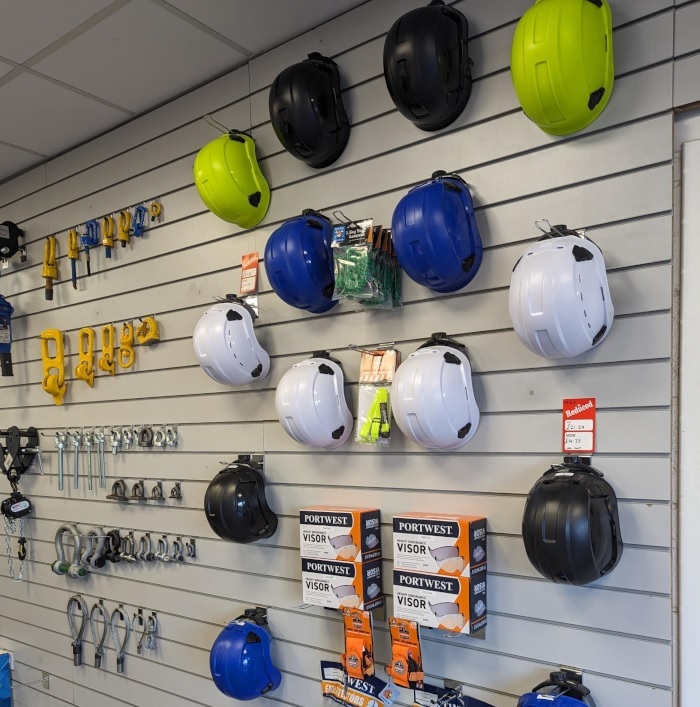 Climbing safety helmets on display at SafetyLiftinGear's Glasgow depot