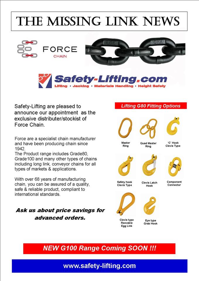 Safety-Lifting are pleased to announce our appointment as the exclusive distributor/stockist of Force Chain